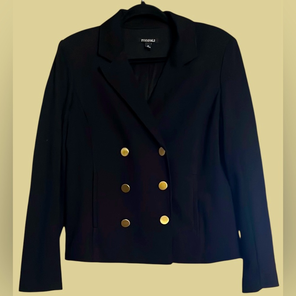 ROZ & ALI Solid Black Double Breasted Soft Knit Shorter Jacket, Medium, EUC.
